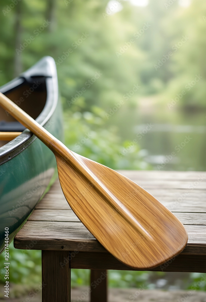 Fototapeta premium Outdoor recreation and adventure travel, wooden canoe paddle resting on a wooden dock by a calm lake in the forest for summer vacation and leisure