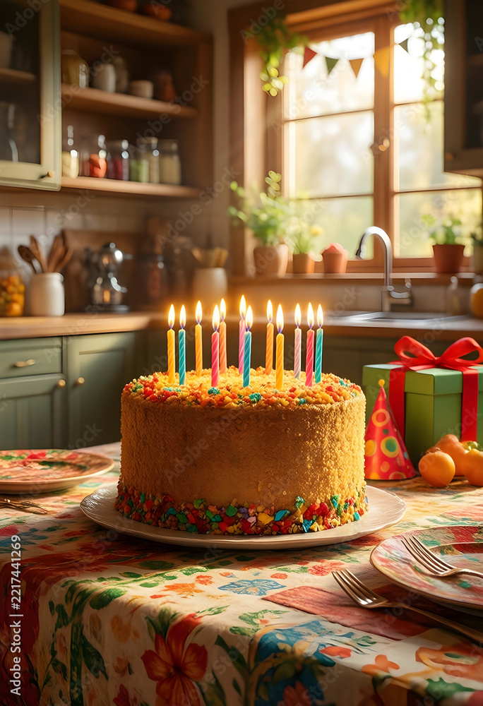 Fototapeta premium Birthday celebration and family gathering, cake with lit candles on a kitchen table with gift and party hat for a festive home party and anniversary