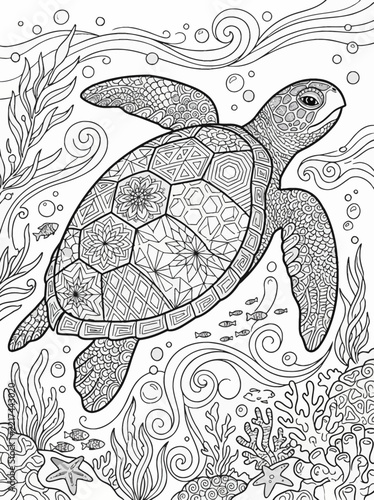 Sea turtle coloring page concept illustration with colorful elements for creative decoration and seasonal celebration isolated background