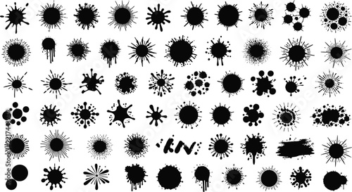 Collection of various black ink splatters, paint splashes, and grunge stains isolated on a white background, for projects and, artistic textures