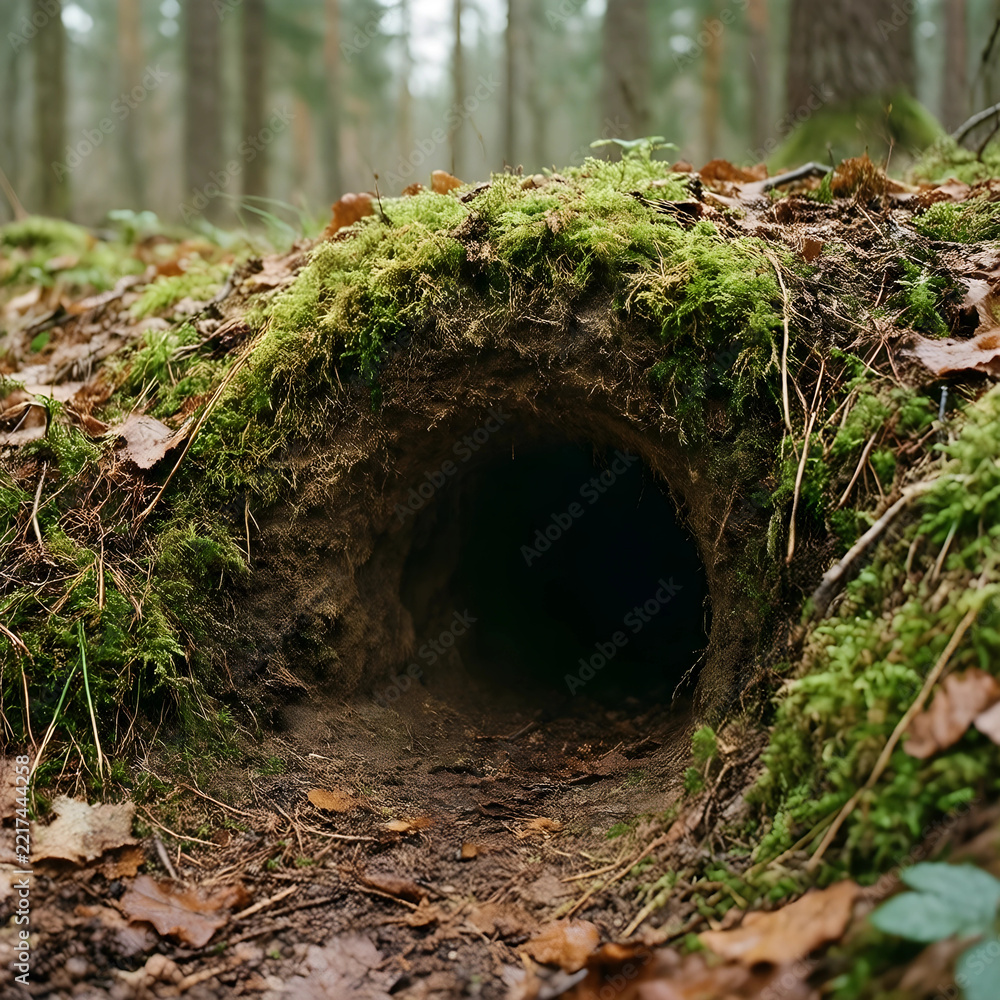 Fototapeta premium Wildlife habitat and animal burrow in forest, nature conservation and biodiversity concept, wild animal den entrance in mossy ground with autumn leaves