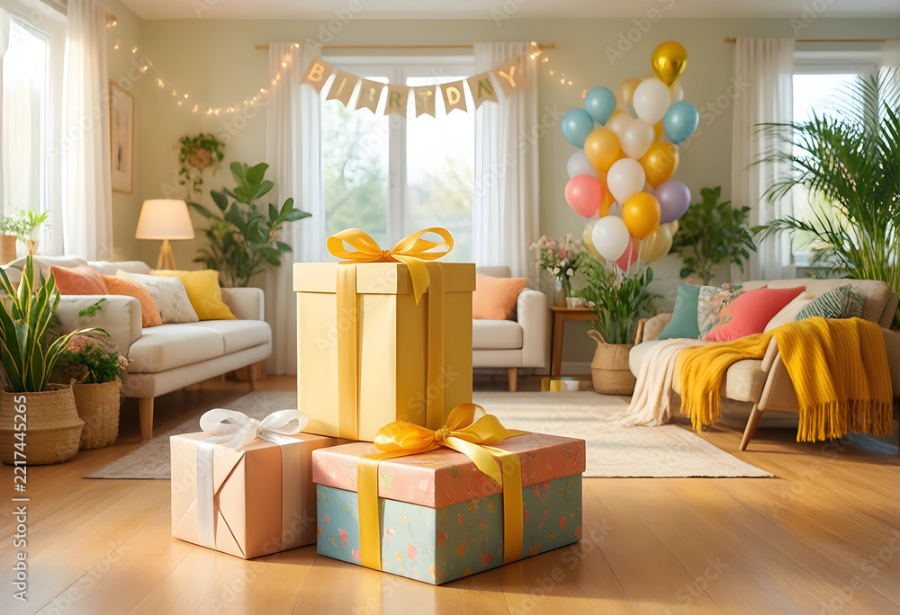 Fototapeta premium Birthday celebration and surprise party, gift boxes with ribbons in a cozy living room with balloons and festive decorations for a home event