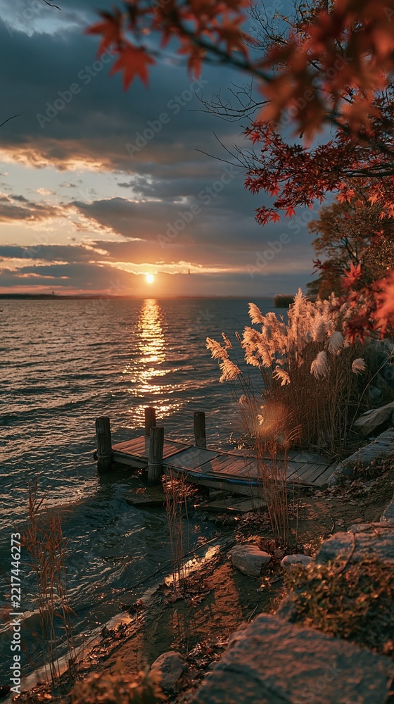 Fototapeta premium Serene Autumn Sunset Over Calm Water with Rustic Dock and Fall Foliage