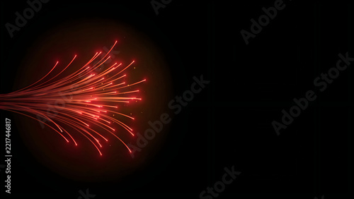 Close-up of glowing red fiber optic cables bundle