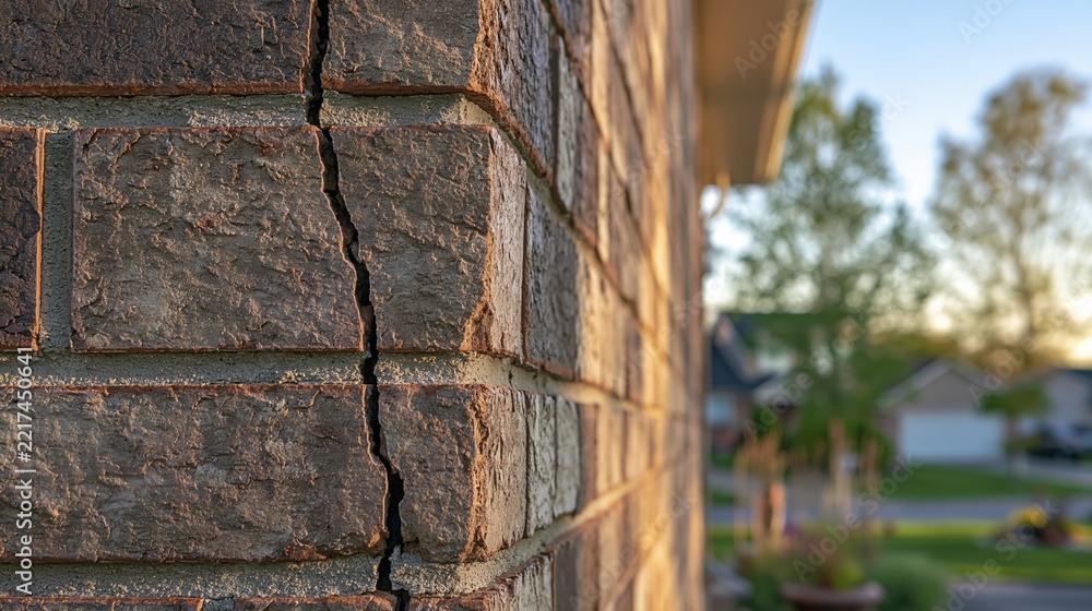 Fototapeta premium Close up of a large vertical crack in a brick wall of a residential house, indicating structural damage