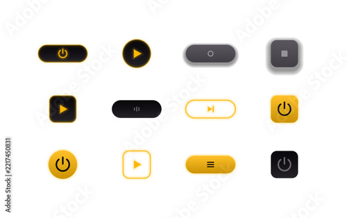 Modern flat UI control set. Minimalist black and yellow interface buttons, play and power icons, media playback toggles for web apps and mobile applications