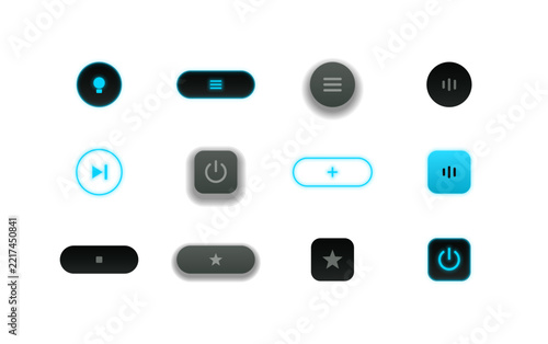 Modern minimal power button icons, dark and light interface symbols, digital audio control set, sleek web design elements, UI audio toggle buttons