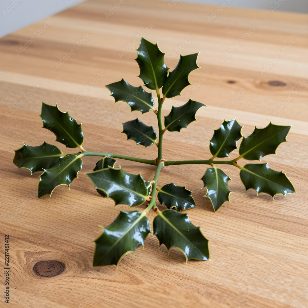 Fototapeta premium Christmas holiday decoration, fresh green holly leaves on a wooden table for winter seasonal festive background and traditional home interior design
