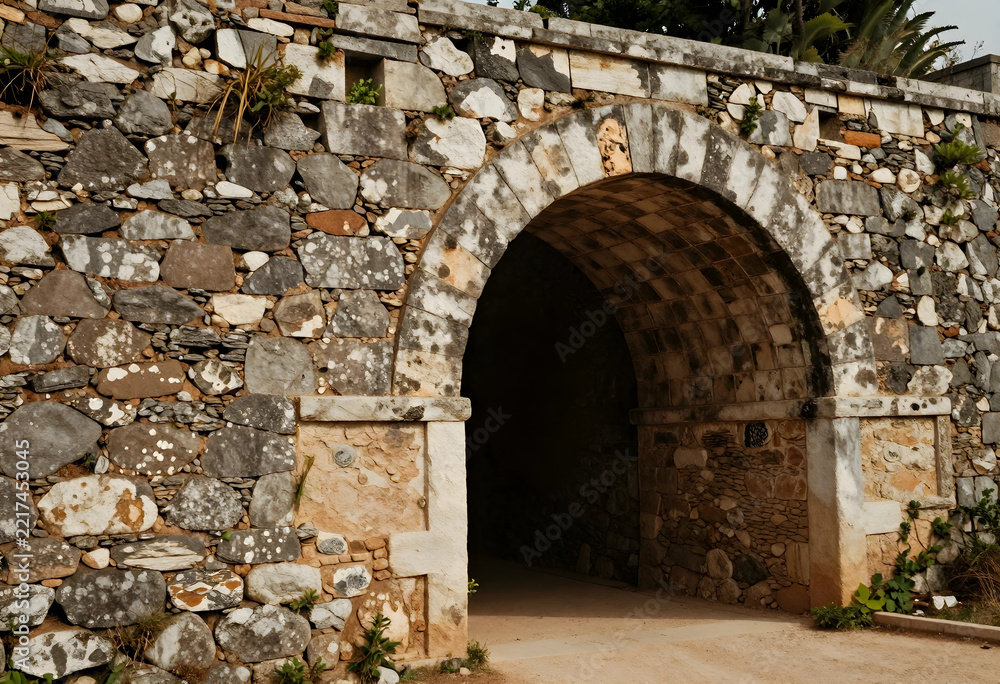 Fototapeta premium Heritage preservation and historical architecture, ancient stone archway entrance in a weathered fortress wall with rustic masonry and textured rock facade
