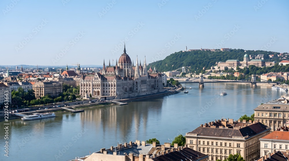 Fototapeta premium Danube Splendor: Elevated View of the Hungarian Parliament Building, Buda Castle, and Széchenyi Chain Bridge in Budapest