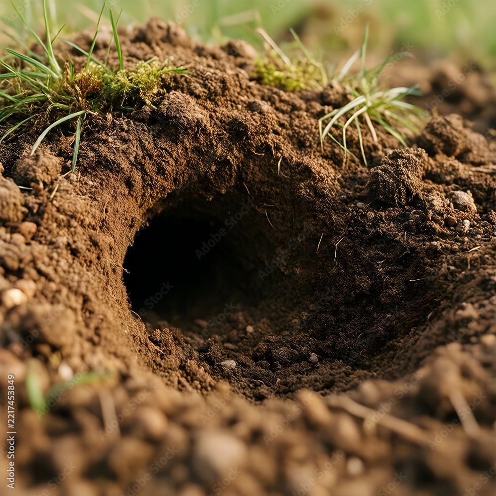 Fototapeta premium Wildlife habitat and nature conservation, animal burrow entrance in the ground with grass and soil for environmental research and ecological studies