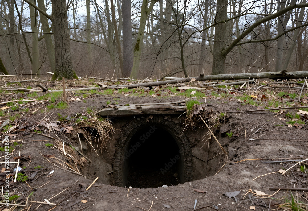 Fototapeta premium Environmental conservation and habitat loss, old brick tunnel entrance in forest ground hidden wildlife shelter and nature exploration