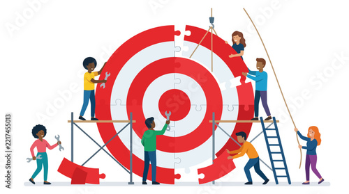 Diverse team members assemble a large circular target puzzle together