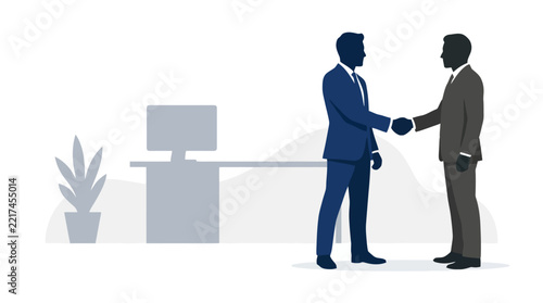 Two professional businessmen shaking hands in a modern office space