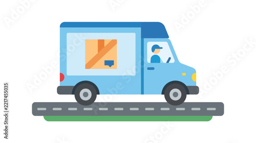 A blue delivery van drives along a simple gray road path
