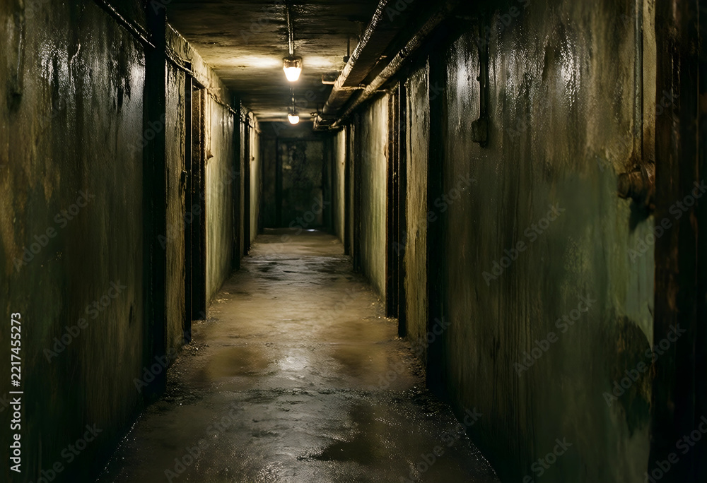 Fototapeta premium Urban decay and abandonment, dark hallway in a derelict building with peeling paint and dim lighting, mystery and suspense in an old industrial corridor