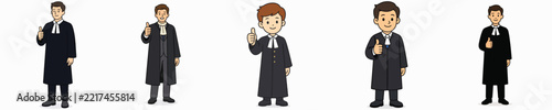 A set of vector illustrations of a young male judge standing and giving a thumbs-up.