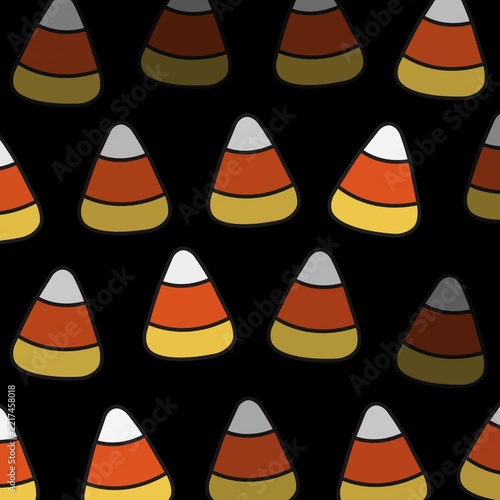 Pattern of candy corn on an black background. Perfect for halloween designs, festive backgrounds, and sweetthemed projects.