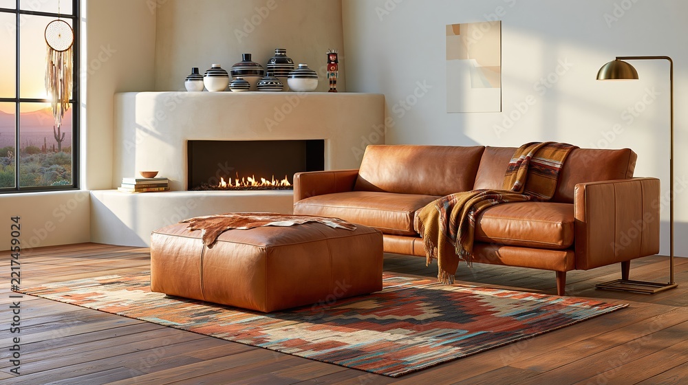 Fototapeta premium Cozy modern living room with a stylish brown leather sofa, ottoman, and decorative fireplace