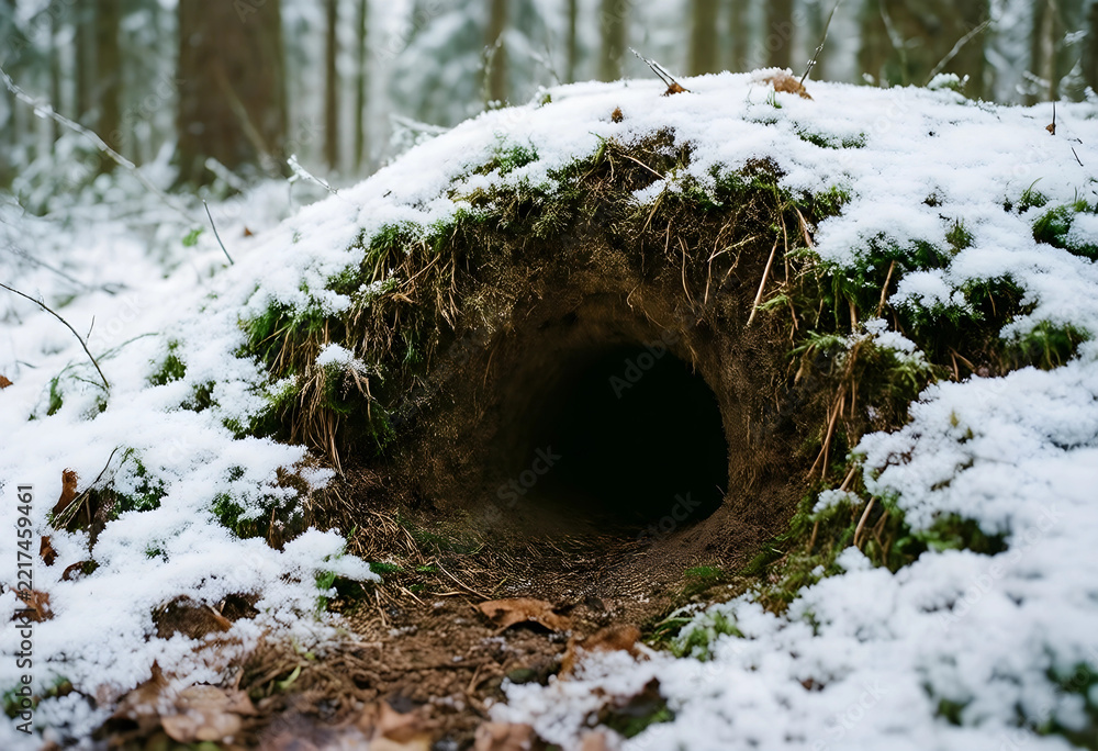 Fototapeta premium Hibernation and wildlife survival, animal burrow entrance in a snowy forest during winter season with moss and frozen ground in the wilderness
