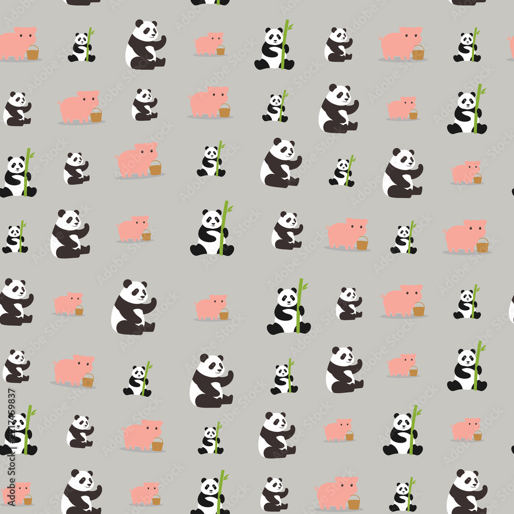 Obraz premium Cute Pandas and Pigs Seamless Pattern