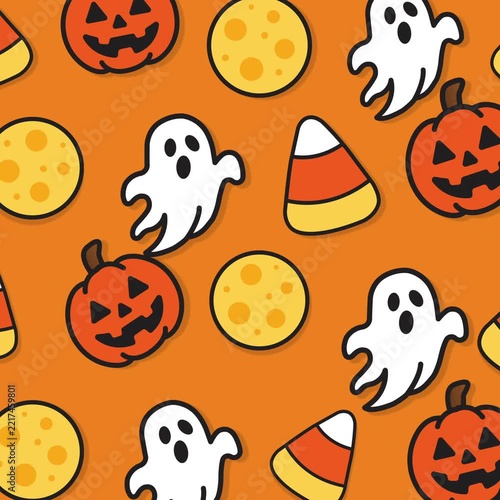 Halloween doodle with ghosts, pumpkins, moons, candy corn on black. Perfect for festive backgrounds, greeting cards, or party decorations.