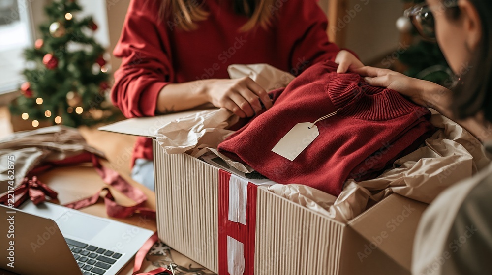 Fototapeta premium Unboxing a festive red sweater gift, unpacking Christmas presents with anticipation and joy indoors
