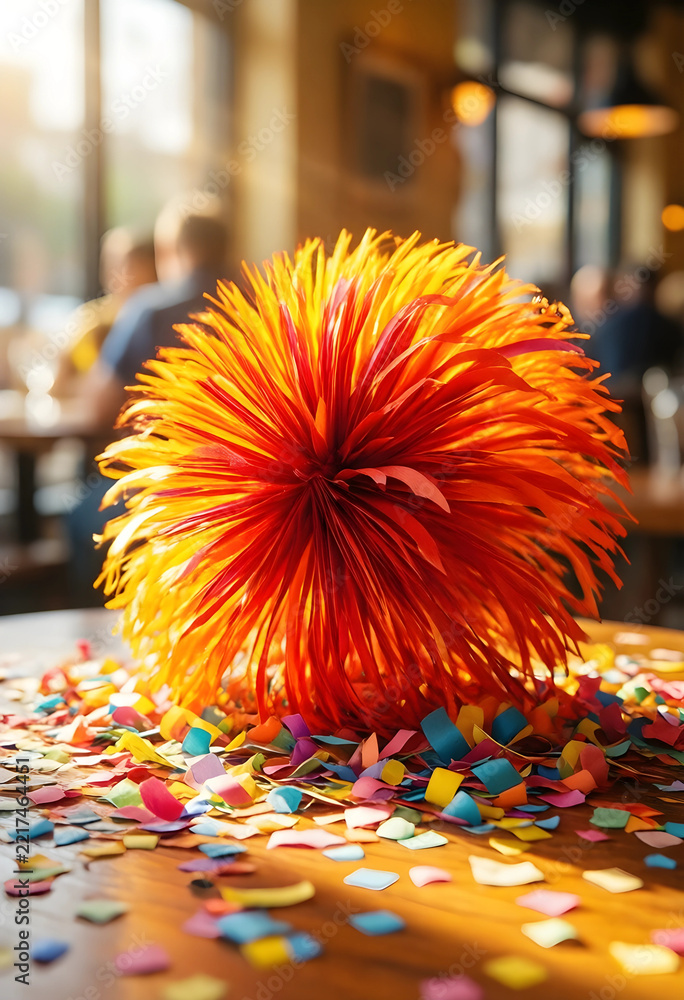 Fototapeta premium Celebration and party atmosphere, festive paper pom pom decoration with colorful confetti on a wooden table in a blurred restaurant or cafe interior