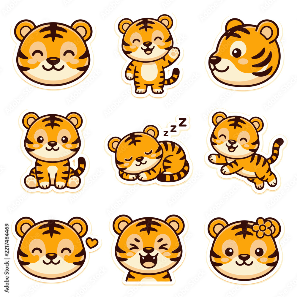 Obraz premium Cute Little Tiger Character Sticker Set Collection.