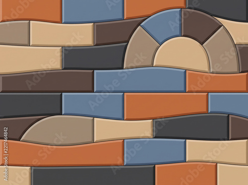 Decorative wall surface with interlocking colorful bricks and arched elements