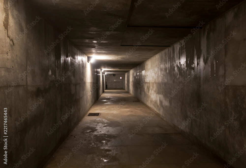 Fototapeta premium Urban isolation and loneliness, dark underground pedestrian tunnel with wet concrete walls and dim lighting in a deserted city passage at night
