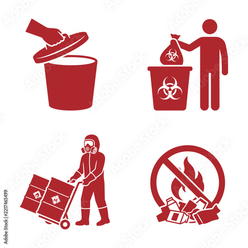 Biohazard waste disposal symbols and worker