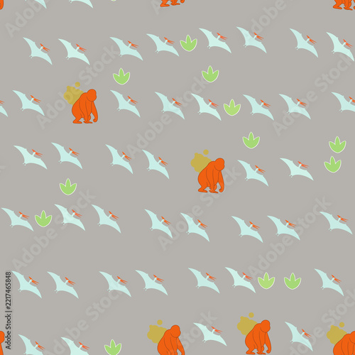 Seamless pattern of flying dinosaurs and ape figures