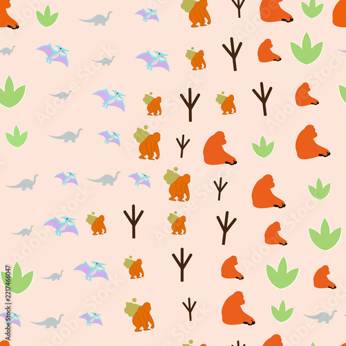 Seamless pattern with cartoon dinosaurs, ape-like figures