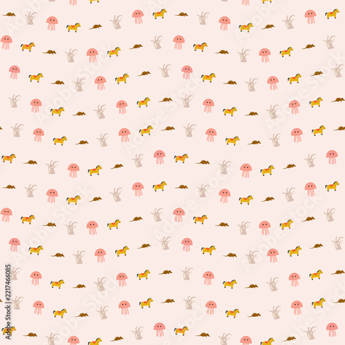 Seamless pattern with cartoon horses, jellyfish, goats, and mice