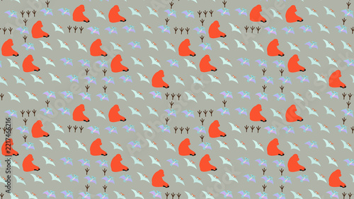 Seamless pattern with stylized dinosaurs and footprints