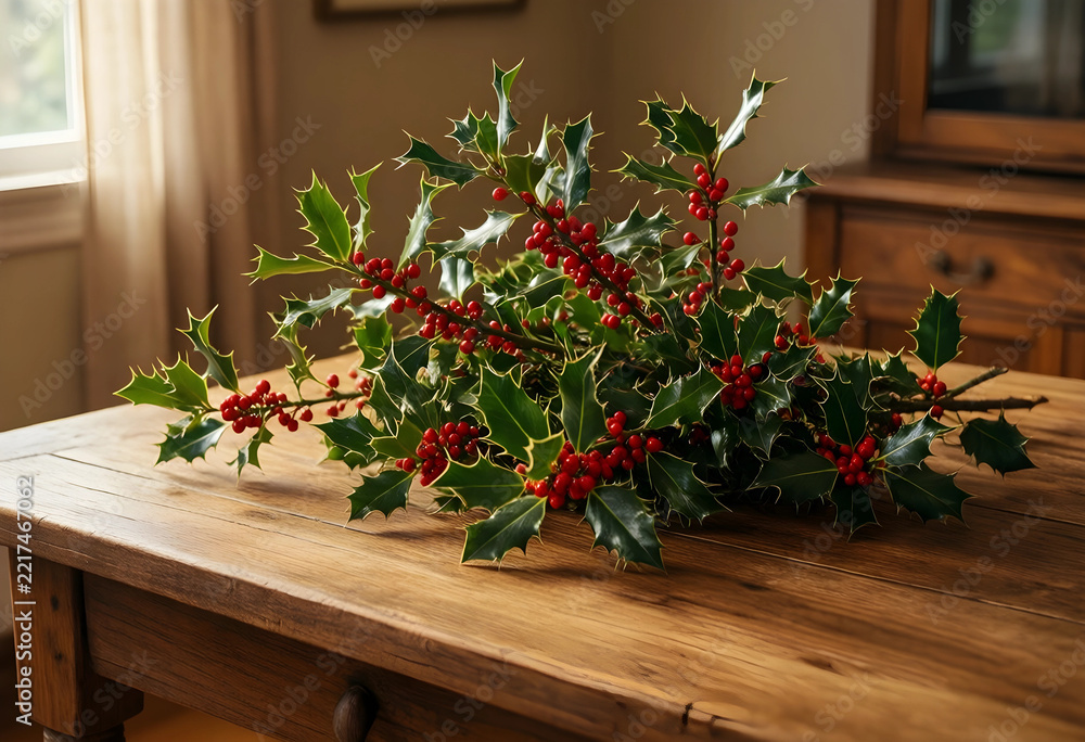 Fototapeta premium Christmas holiday decoration, fresh holly branches with red berries on a rustic wooden table for seasonal home interior and festive winter celebration
