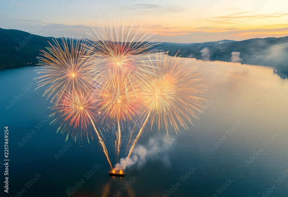 Fototapeta premium Celebration and independence day fireworks, aerial view of pyrotechnic display over a calm lake at sunset with mountain landscape and golden light