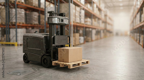 Autonomous Forklift Transporting Pallet In Warehouse Aisle