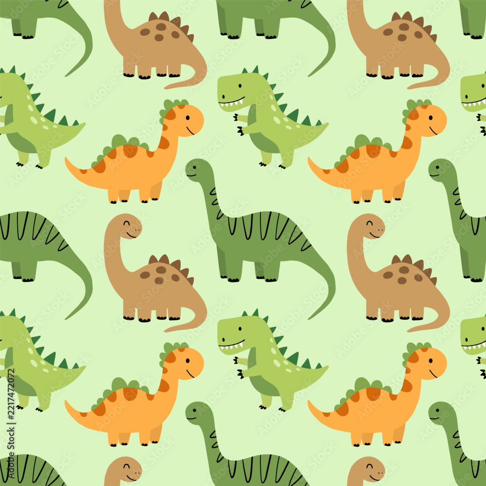 Obraz premium Cute dinosaur vector seamless pattern with T-Rex, Stegosaurus, and Brachiosaurus on soft pastel green background for nursery decor, baby apparel, and wallpaper.