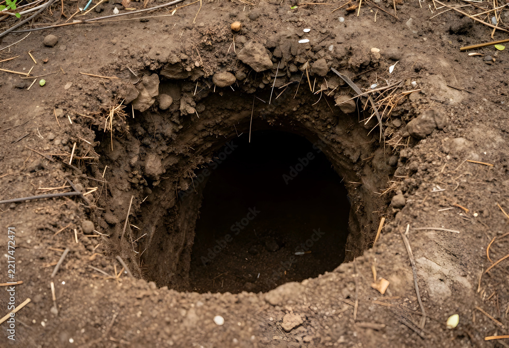 Fototapeta premium Danger and risk concept deep dark hole in the ground hidden hazards uncertainty and environmental instability in a rural landscape
