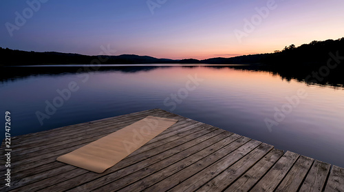 Yoga mat on wooden platform overlooking serene lake at dusk. peaceful wellness concept