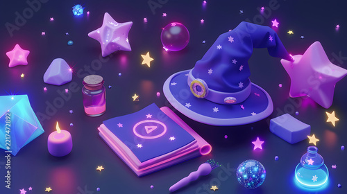 Magical wizard hat and glowing spellbook surrounded by neon potion bottles and fantasy stars