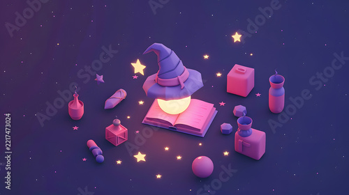 Magical 3D isometric wizard hat and glowing spell book with potion bottles in a starry night