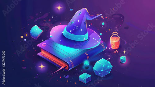 Magical wizard hat resting on a glowing ancient spellbook with mystical crystals and potion bottle