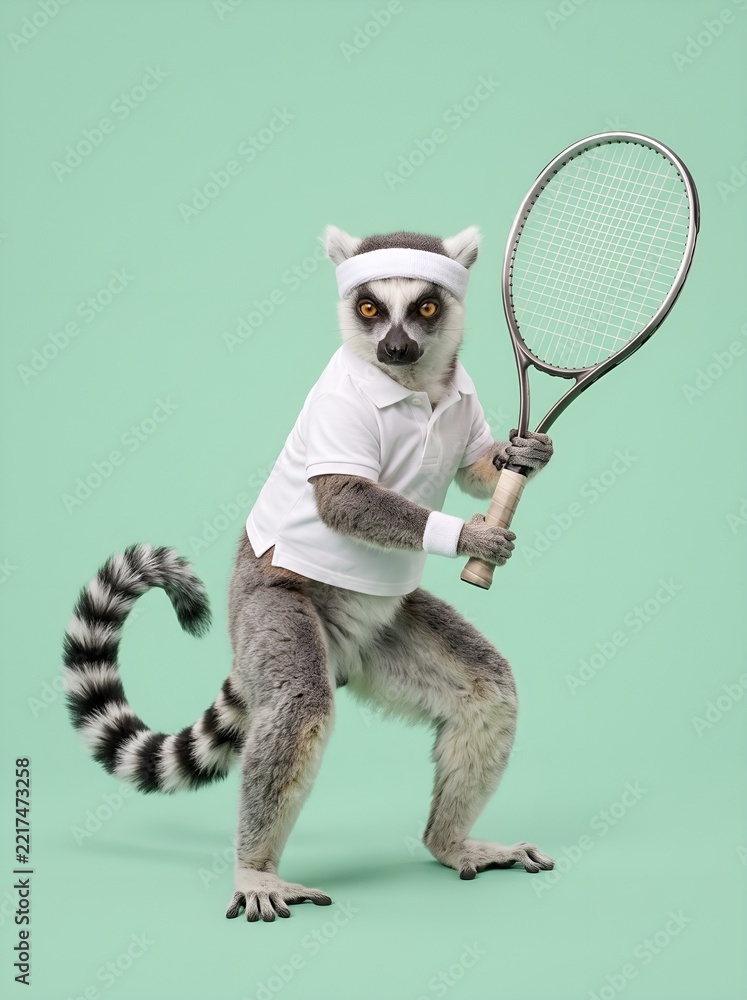 Fototapeta premium Ring tailed lemur in white polo shirt headband and wristband holding tennis racket in forehand stance on plain soft mint background isolated medium shot for funny tennis concepts