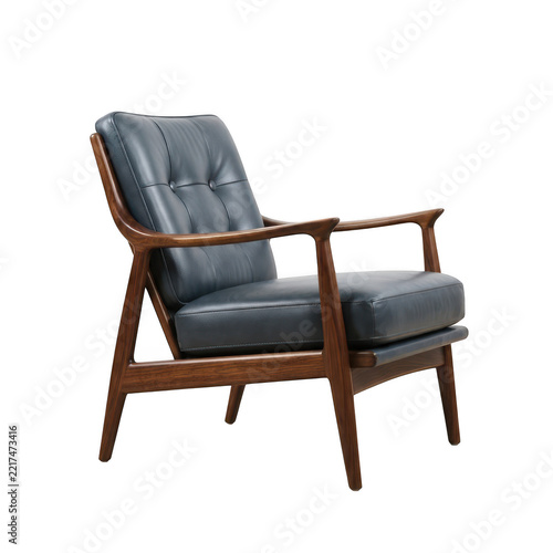 Midcentury modern armchair with blue leather upholstery and wooden frame isolated on transparent background