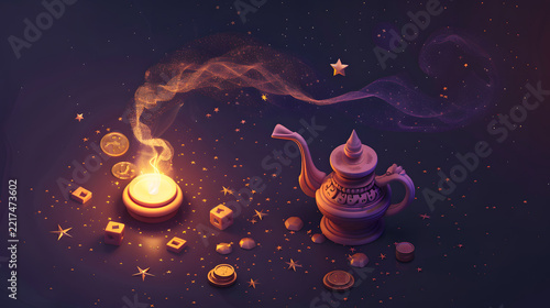 Enchanted oil lamp and glowing cauldron with mystical smoke trails and sparkling stars