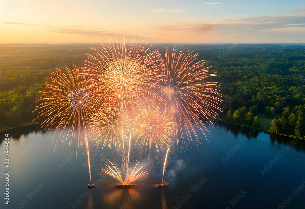 Fototapeta premium Celebration and holiday fireworks, aerial view of pyrotechnic display over a lake at sunset with forest landscape for festive events and summer festivals
