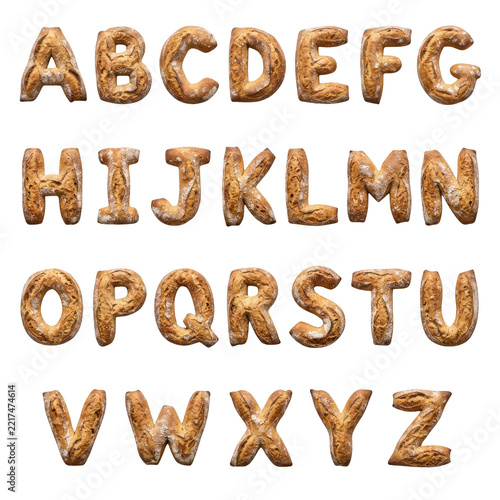 Alphabet letters made of fresh crusty bread isolated on transparent background